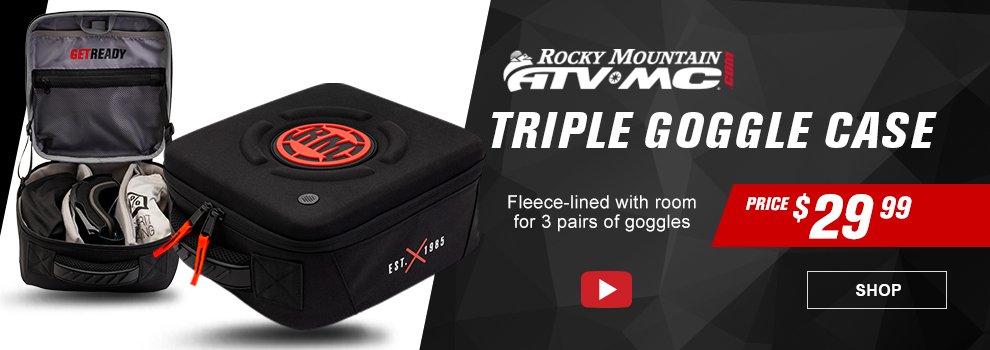 Rocky Mountain ATV/MC Triple Goggle Case, price $29 and 99 cents, fleece-lined with room for 3 pairs of goggles, video, the goggle case along with another image of it opened up showing 3 pairs of goggles inside it, link, shop